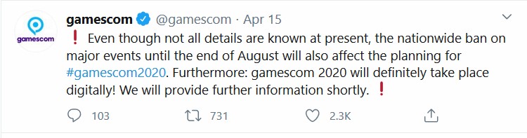 Gamescom informed their followers of their plans for online event in Twitter on 15th of April.